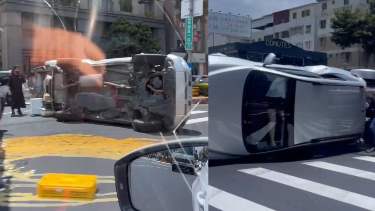 有片/台中北區嚴重車禍!女90度側翻困車內 雞蛋噴飛染黃馬路