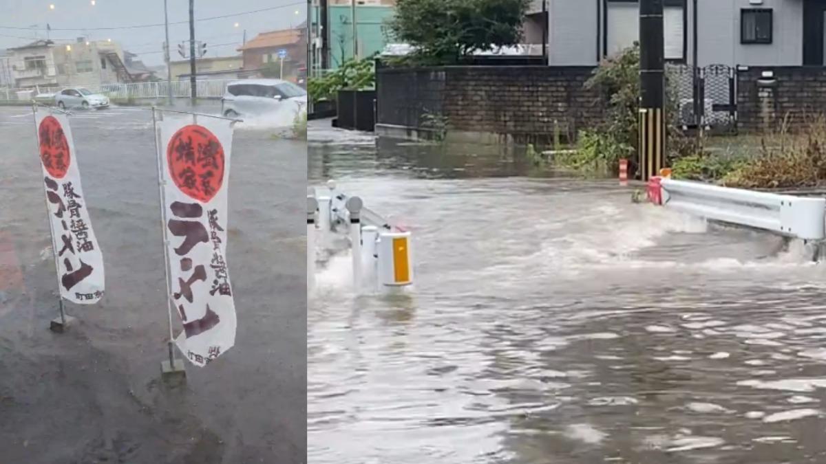 受梅雨鋒面影響,日本各地近日陸續傳出淹水、河川氾濫。(圖/翻攝自X@rian_sitou、@spulseshimizu1)