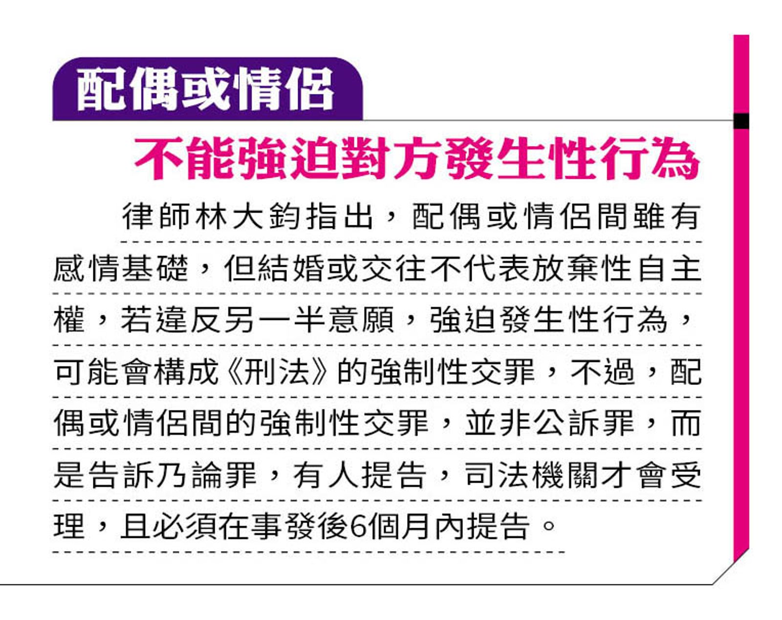 律師林大鈞指出,配偶或情侶不能強迫另一半發生性行為。(圖/鏡週刊提供)