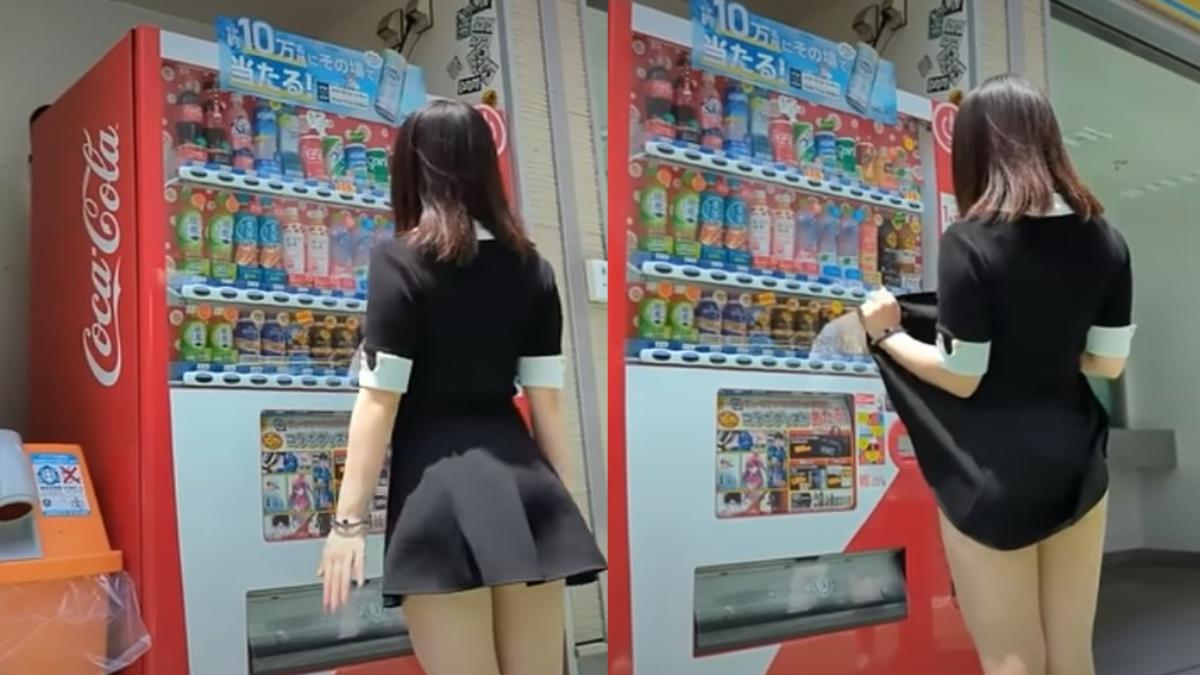 日本女大生販賣機前「掀短裙」飲料掉下來了！780萬人搶看