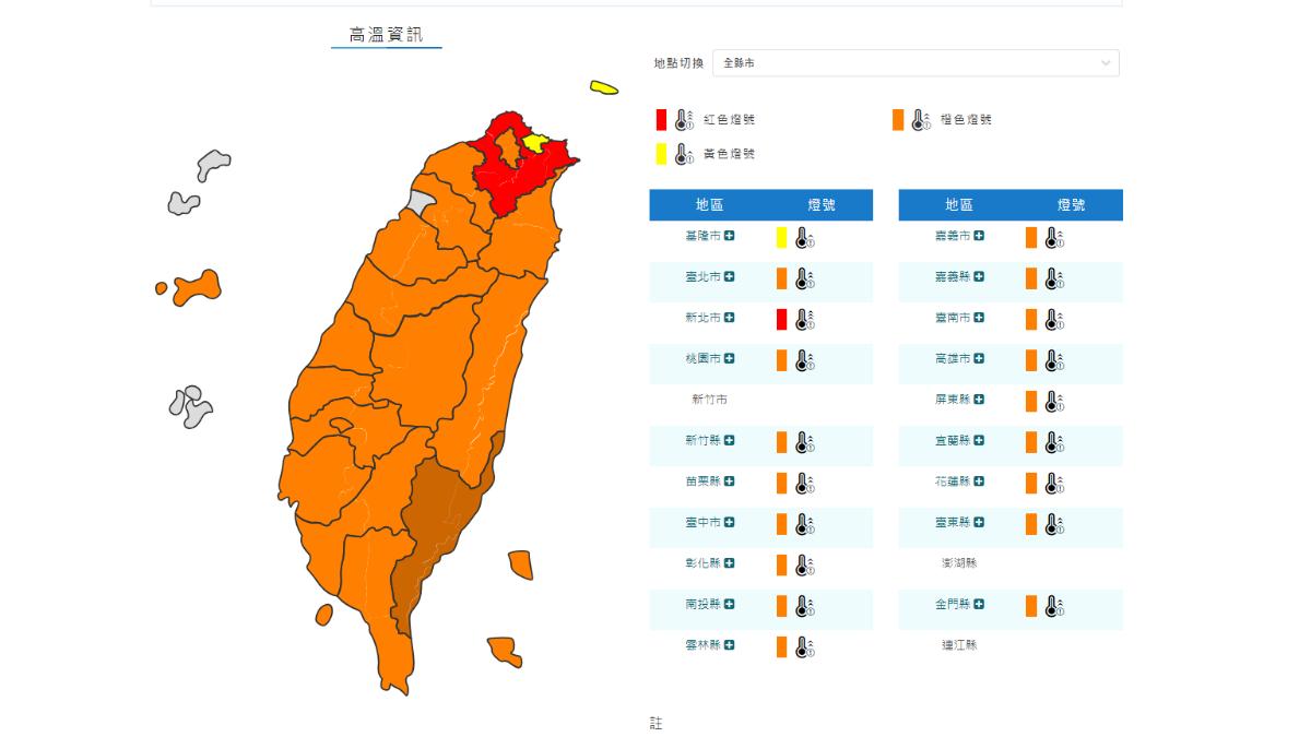 各地高溫警報。(圖/中央氣象署)
