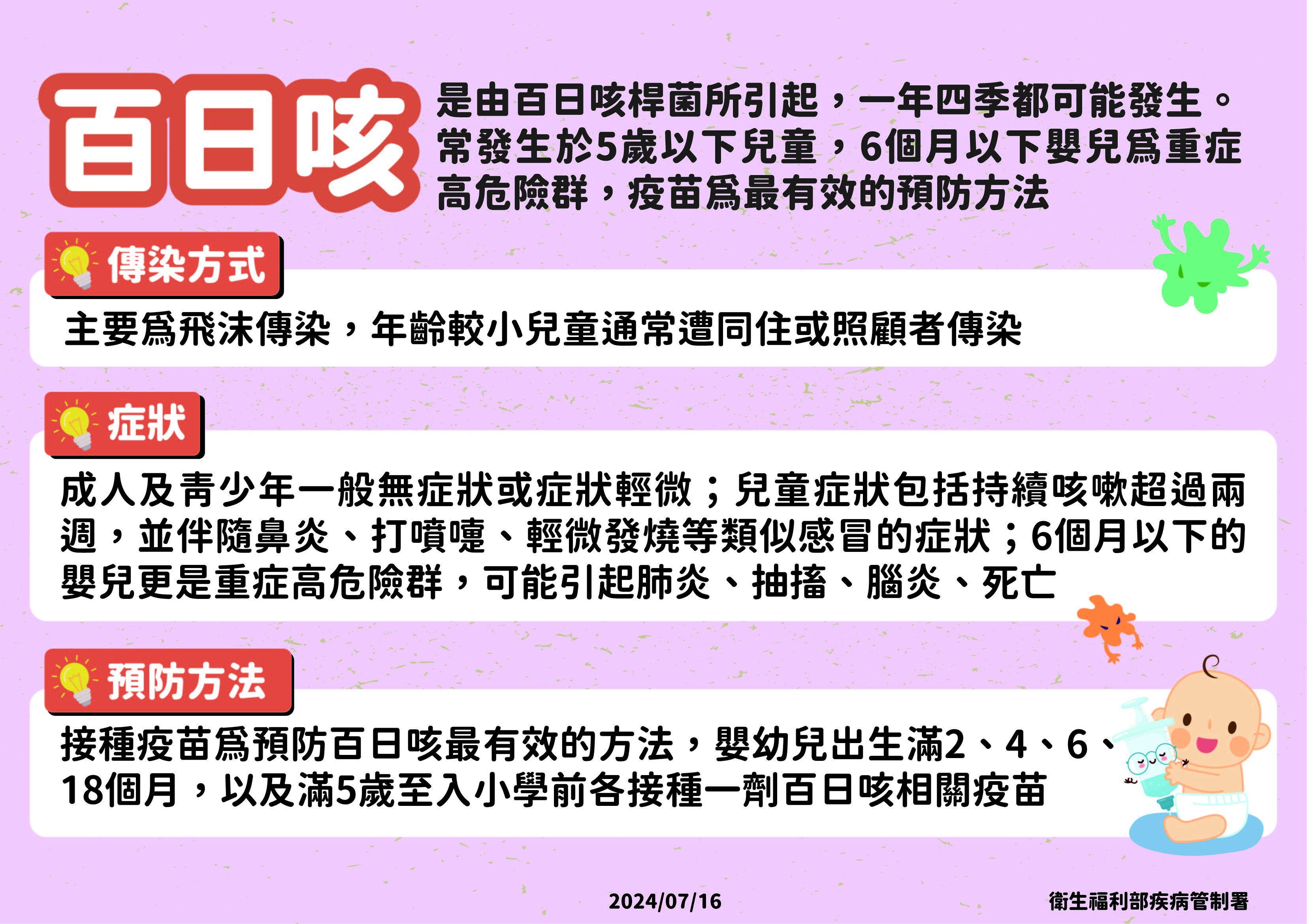 百日咳症狀、傳染方式及預防方法。(圖/疾管署提供)