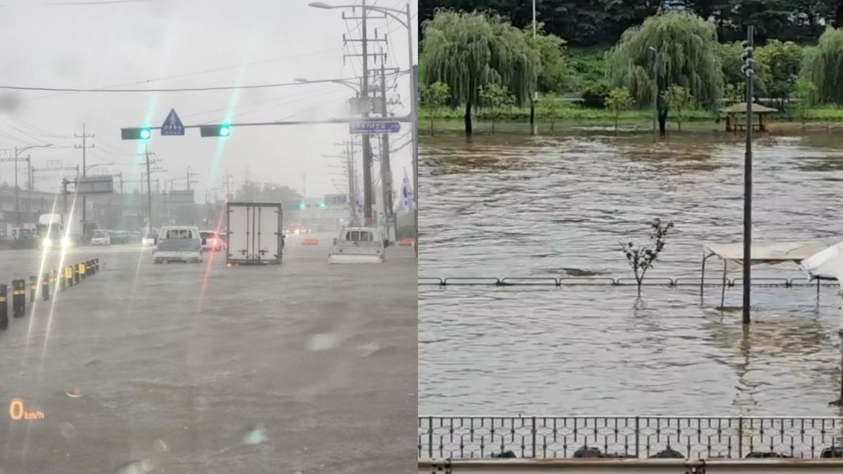 大雨導致多處道路淹水、河水暴漲。（圖／翻攝自X@rrizzzzzzz、@baltong3）