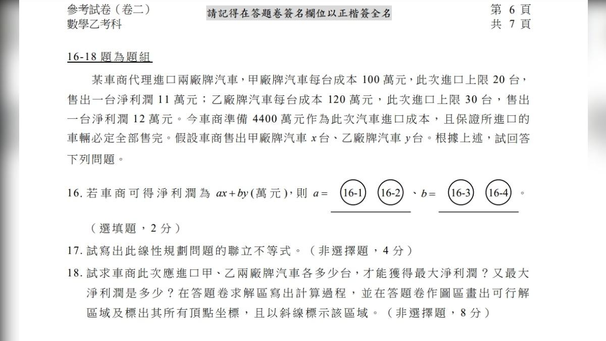 大考中心公布數乙參考試題，已知汽車廠成本求利潤題組。（圖／記者萬紹安翻攝）