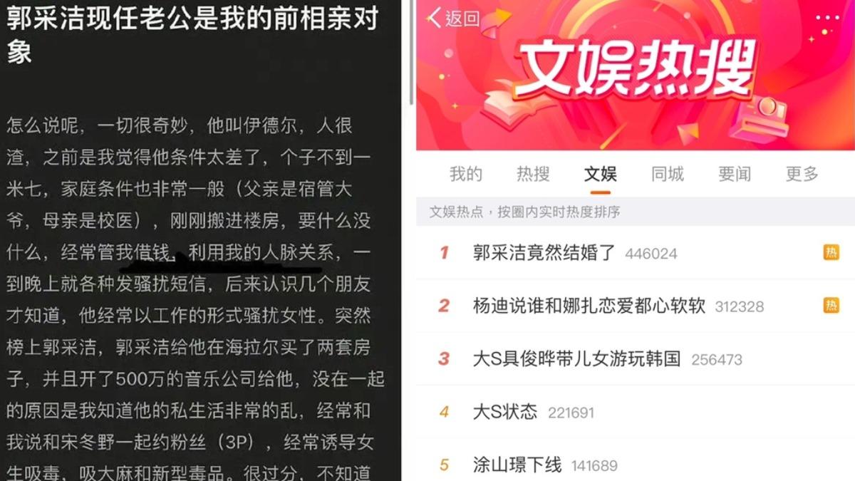 藝人郭采潔與音樂人伊德爾被爆料秘婚登上熱搜。(圖/翻攝娛聞蜀黍微博、微博)