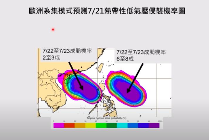 歐洲模式預測7/21熱帶低壓侵襲機率。(圖/翻攝賈新興Youtube)