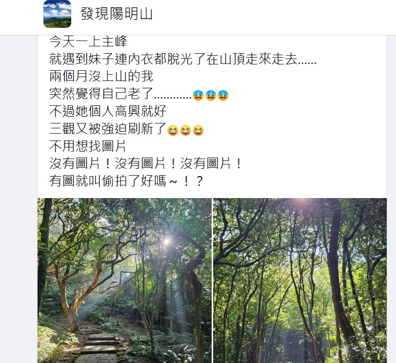 原PO發文分享有妹子在陽明山上脫光。(圖/翻攝自「發現陽明山」臉書社團)
