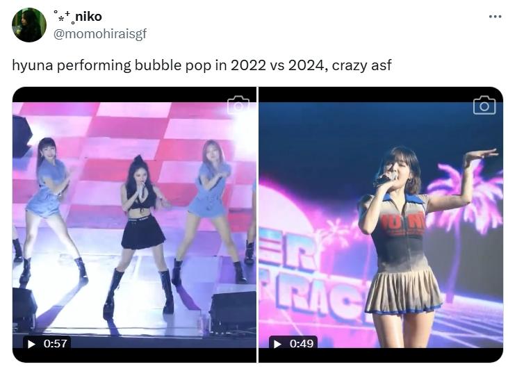 有人比較泫雅2022年、2024年表演〈Bubble Pop〉的場面。(圖/翻攝自momohiraisgf推特)