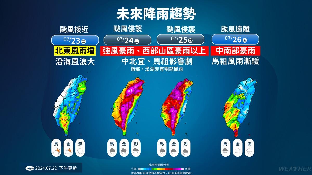 週三、週四風雨將是紫爆等級。(圖/中央氣象署)
