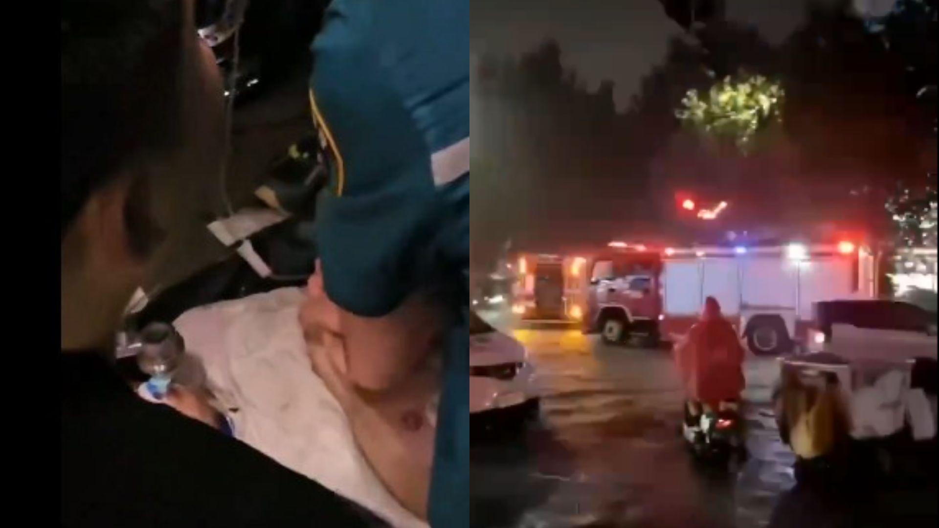大陸鄭州淹大水男子慘遭電擊,救護人員急搶救。(圖/翻攝自X 李老師不是你老師)
