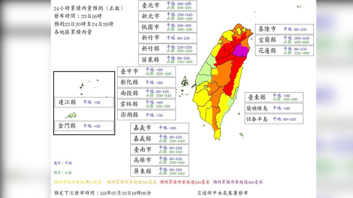 氣象署下午4時發布最新風雨預測。(圖/翻攝自氣象署)