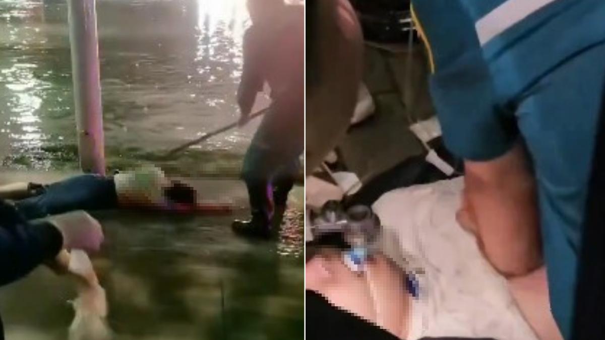 救護人員嘗試以長棍移動男子還實施心肺復甦術,不過最終男子仍不治身亡。(圖/翻攝自X@whyyoutouzhele)