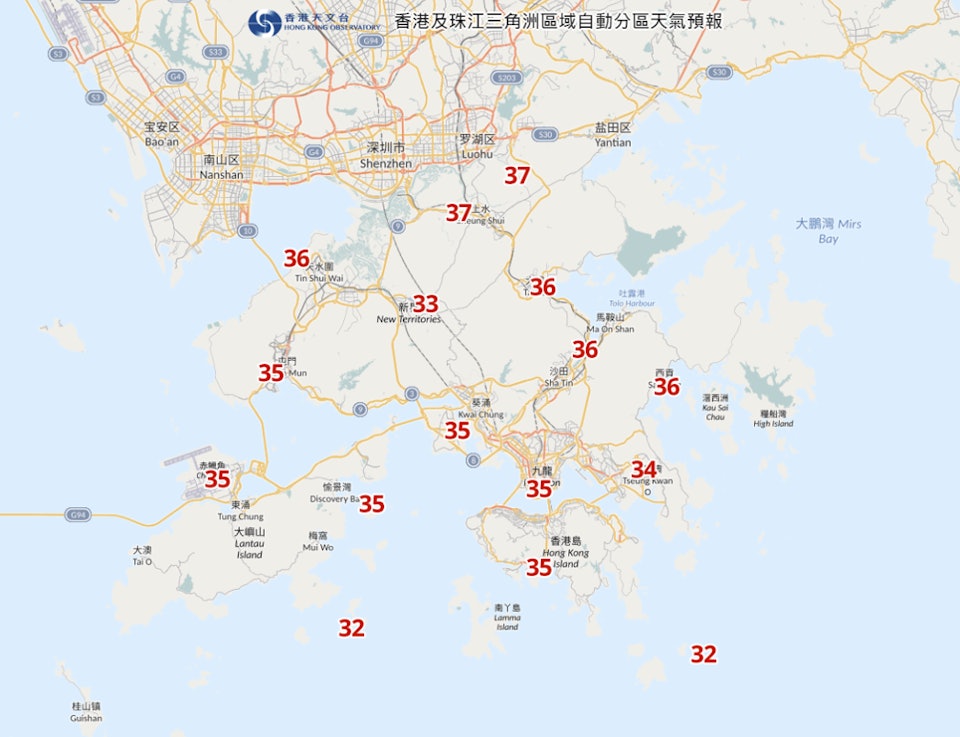 香港與珠三角地區氣溫預測圖。(圖/翻攝自香港天文台)