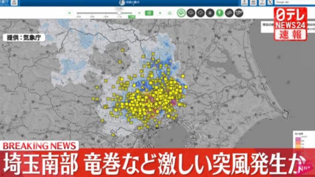 叉叉及三角形為打雷區域;圖中紫色區塊則代表一小時內測得雨量超過80毫米的區域。(圖/擷取自日本電視台)
