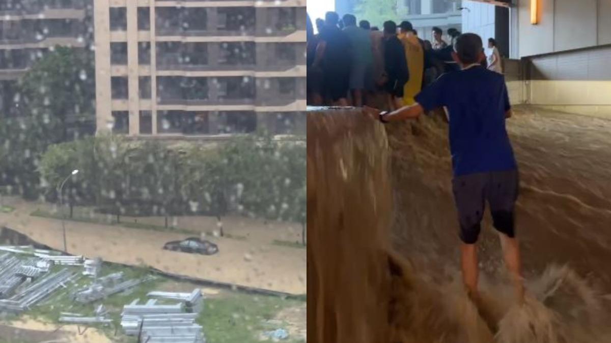 左營區有建案的地下停車場也嚴重積水。（圖／翻攝自記者爆料網）
