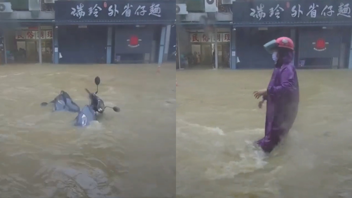 騎士走在大水中苦追愛車。(圖/翻攝自爆料公社二社)