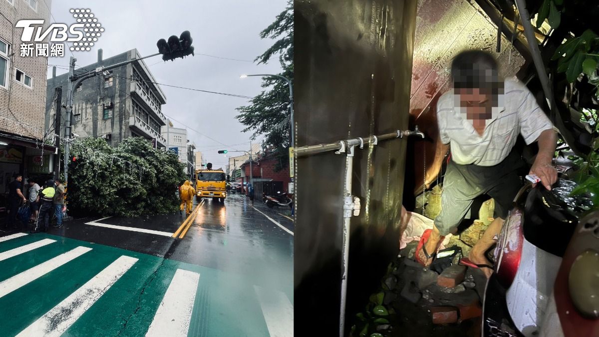 強風吹倒路樹,並砸垮彰化鹿港民房,67歲伯困屋內。(圖/TVBS)