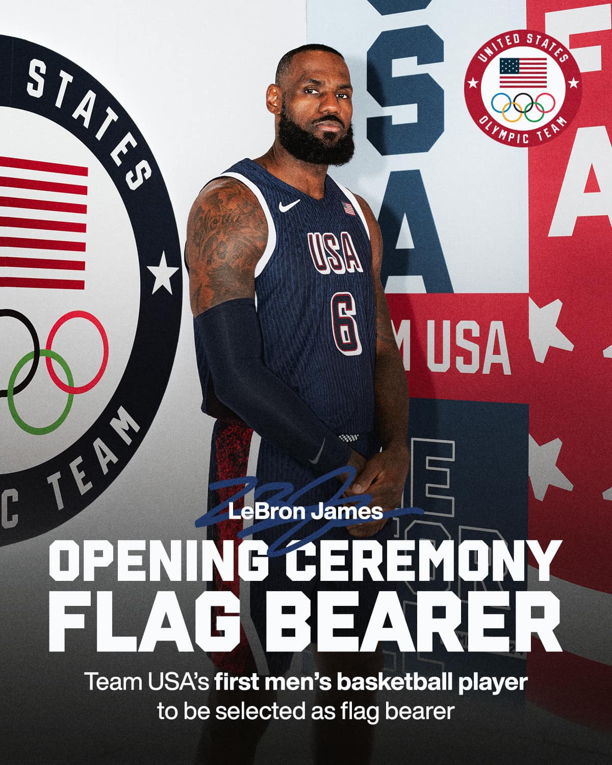 詹皇將擔任美國奧運首位男子籃球員掌旗手。(圖/翻攝自Team USA臉書粉專)