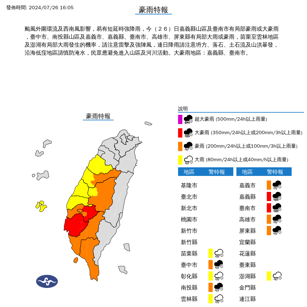 氣象署對全台11縣市發布豪雨特報。（圖／中央氣象署）