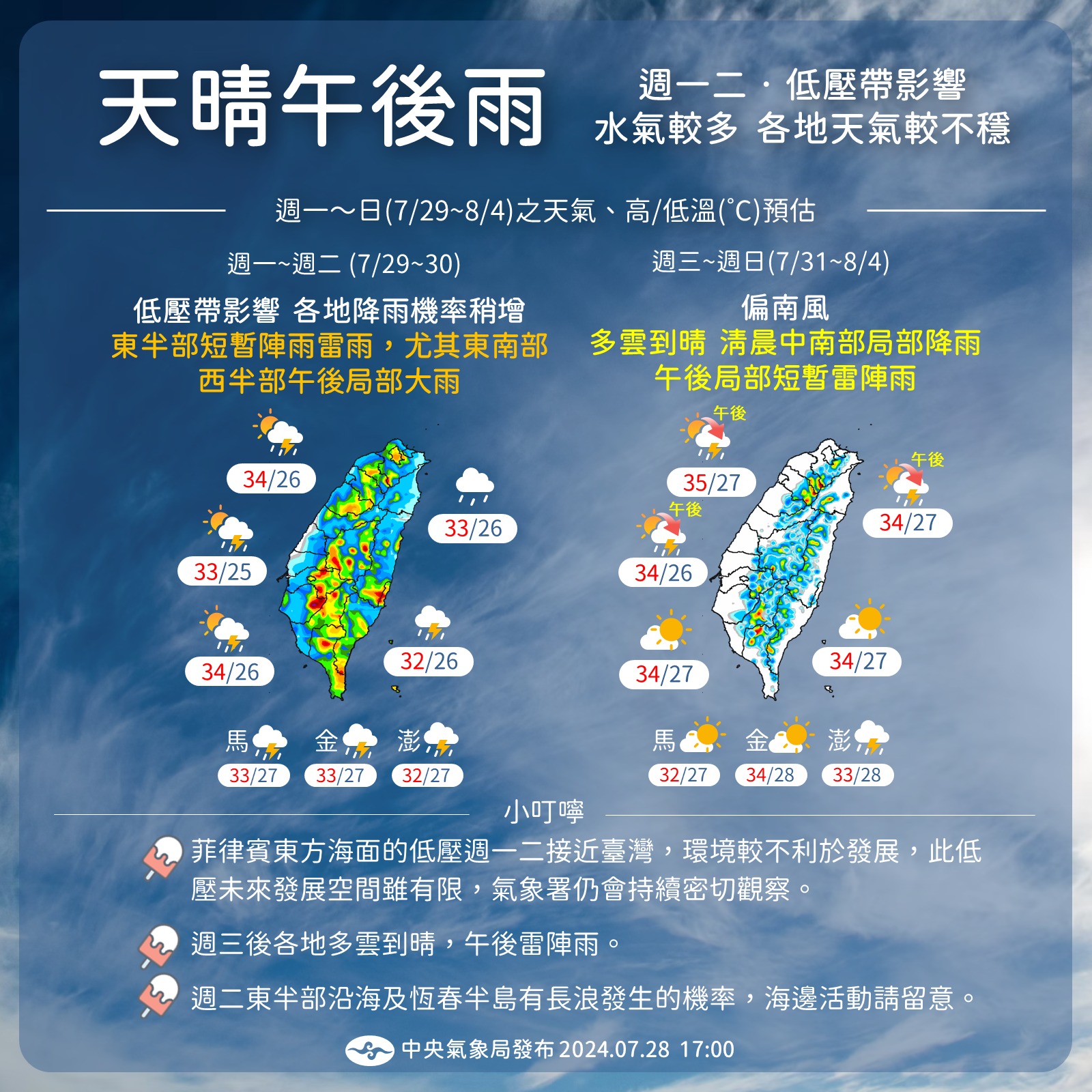 中央氣象署表示，今明2天的天氣會較不穩定。（圖／翻攝自報天氣－中央氣象署臉書粉專）