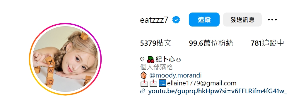 截至今日上午10點30分，紀卜心的IG追蹤剩99.6萬。（圖／翻攝自紀卜心IG）