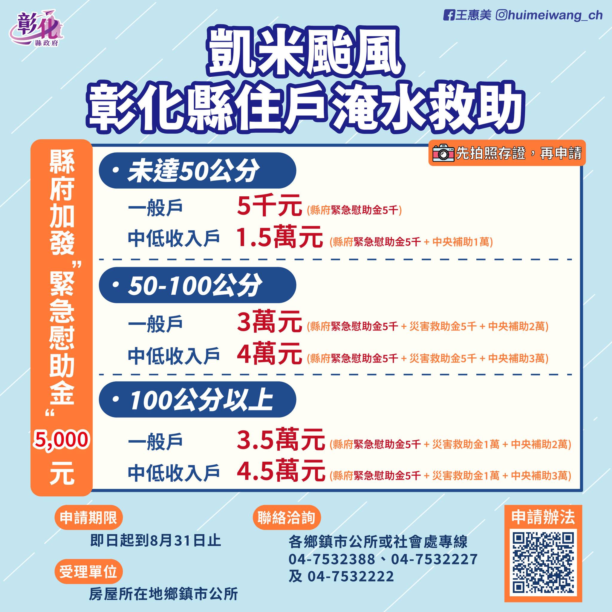 王惠美宣布加碼淹水緊急慰助金。(圖/翻攝自王惠美臉書)