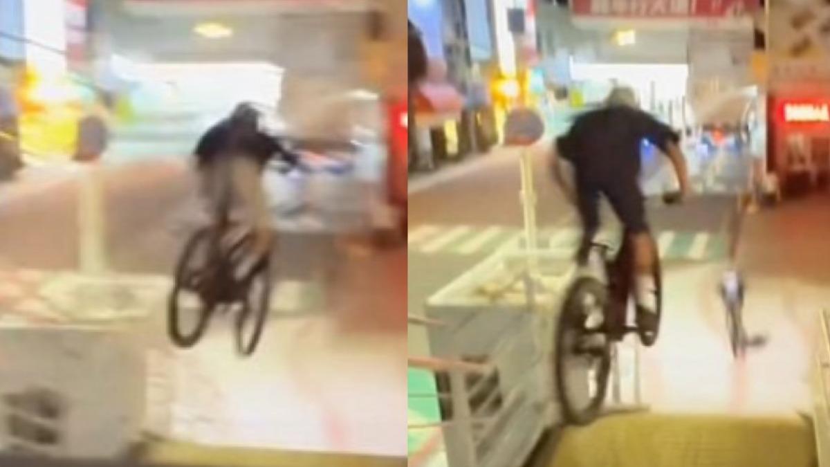 高雄街道淪雜技場?單車猴飛「2層高」人行橋 警面前蹺孤輪過馬路
