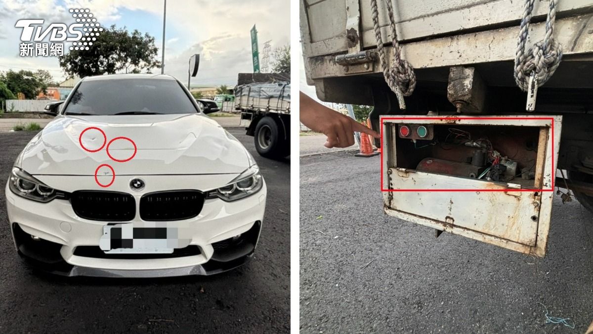 國道血滴子?小貨車車尾鐵片脫落噴飛 BMW引擎蓋挨砸3孔