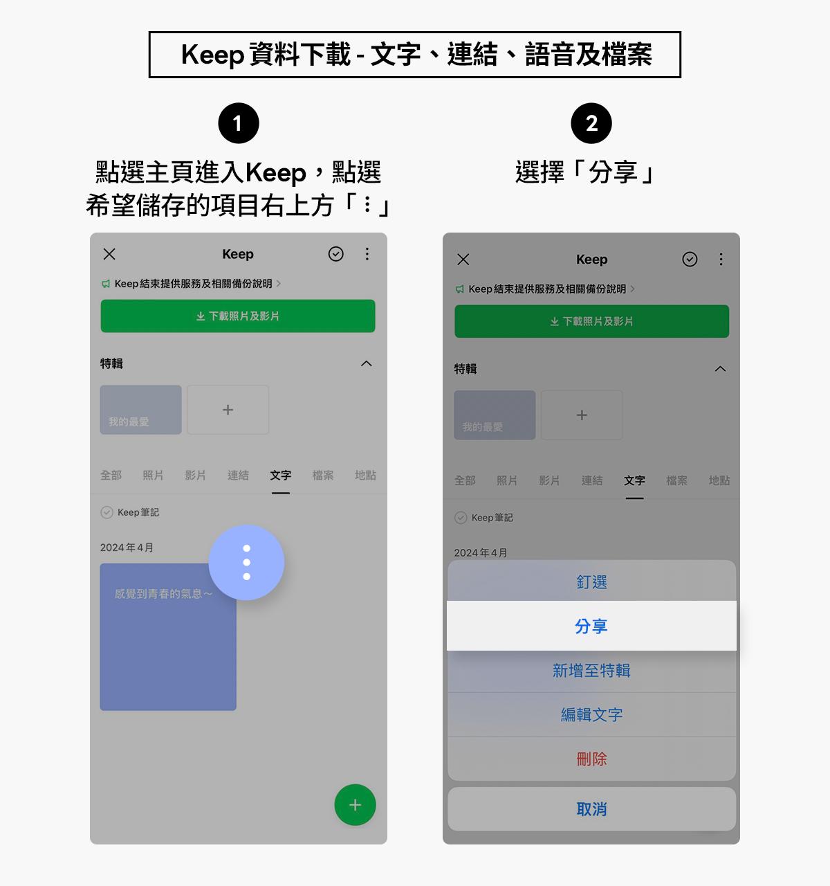 備份Keepp文字、連結、檔案一次看。(圖/LINE官方部落格)
