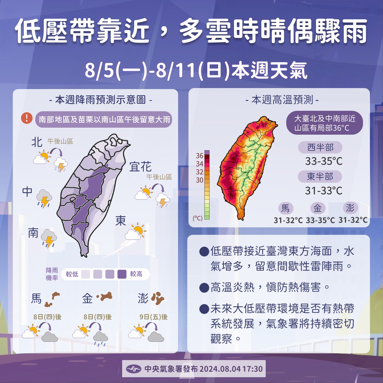因為低壓影響，未來天氣將不穩定。（圖／翻攝自中央氣象署臉書）