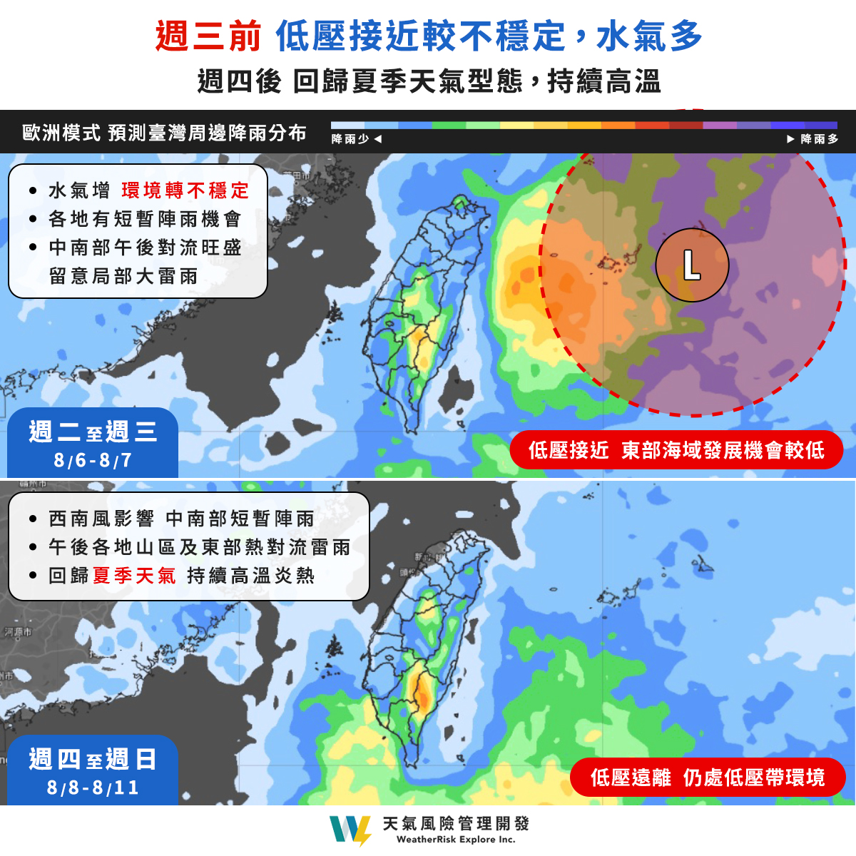 臺灣附近的大氣環境趨於不穩定 。(圖/翻攝自氣象粉專「天氣風險 WeatherRisk」)