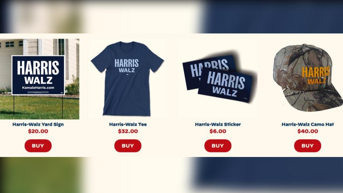 標上兩人名字的商品玲瑯滿目，有T-shirt、帽子、杯子，還有貼在庭院上的標誌。（圖／擷取自賀錦麗競選網站）