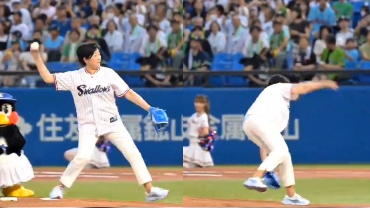 有片/東京都知事小池百合子開球腳滑 「膝蓋骨折」得休養2個月