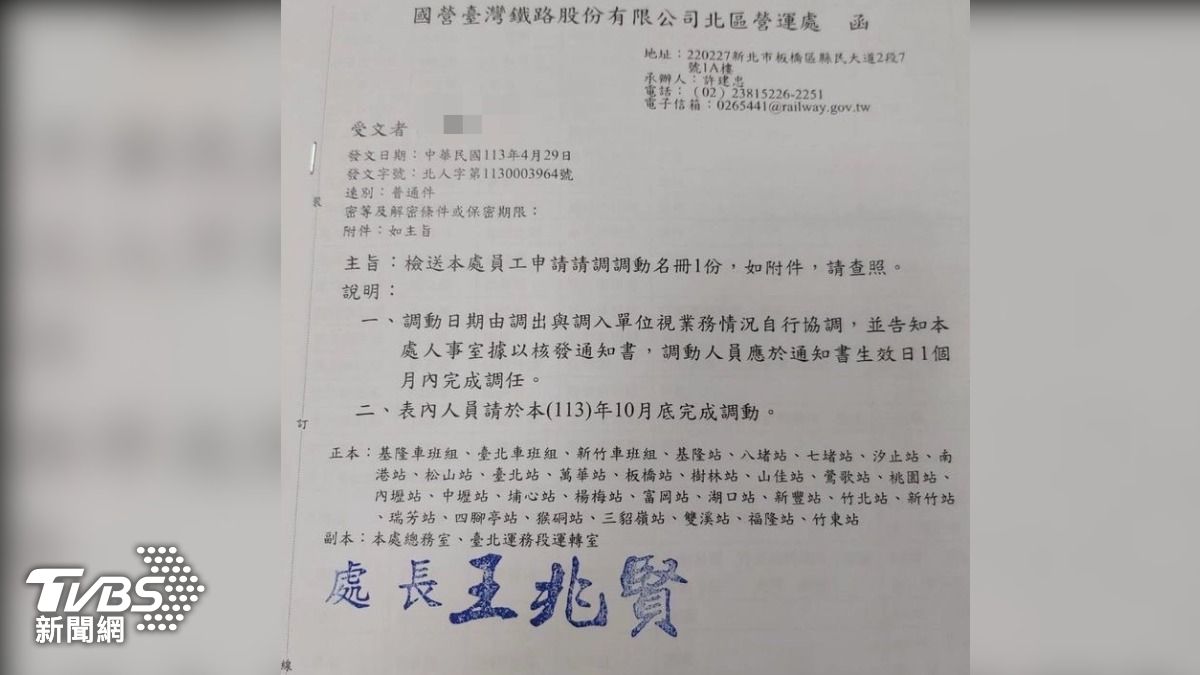 國營鐵路公司北區營運處4月發給轄下各站員工調動名冊的公文。（圖／讀者提供）