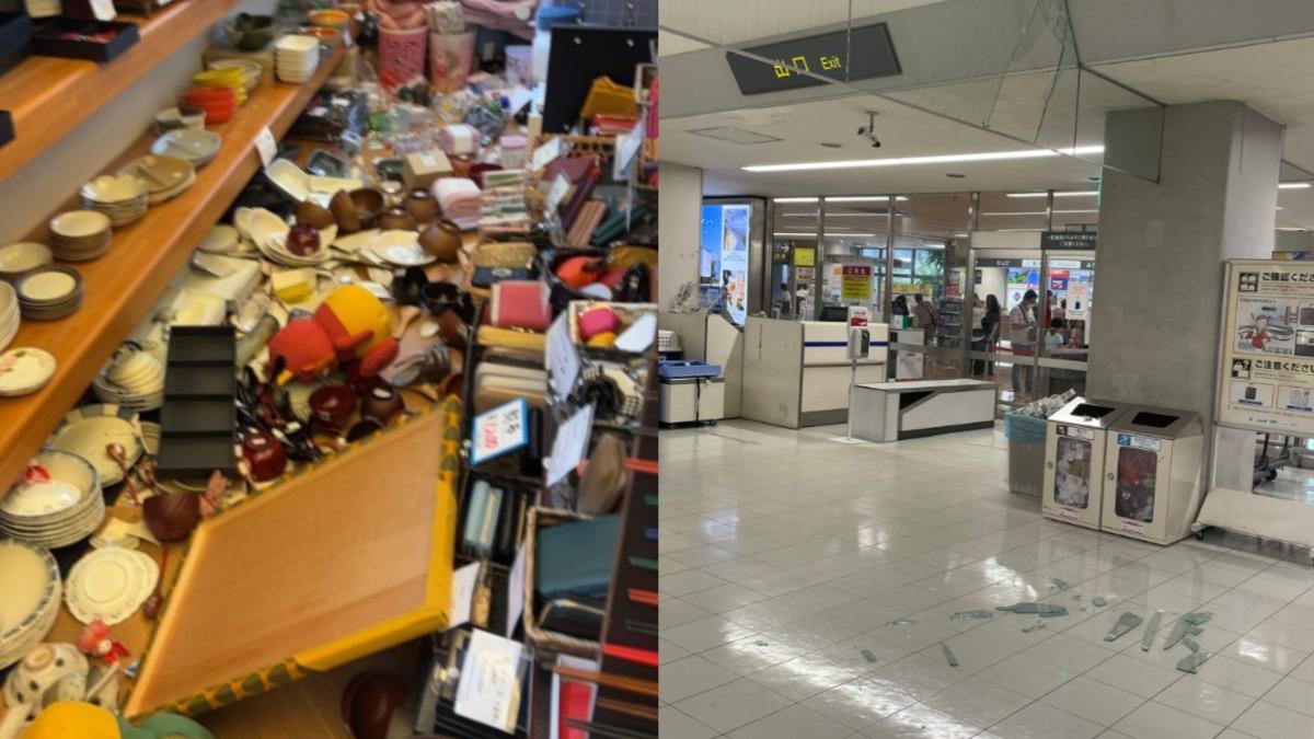日本強震導致店家商品散落滿地、公共設施玻璃破碎。（圖／翻攝自X@@y0927y_orix、@fumina2377）