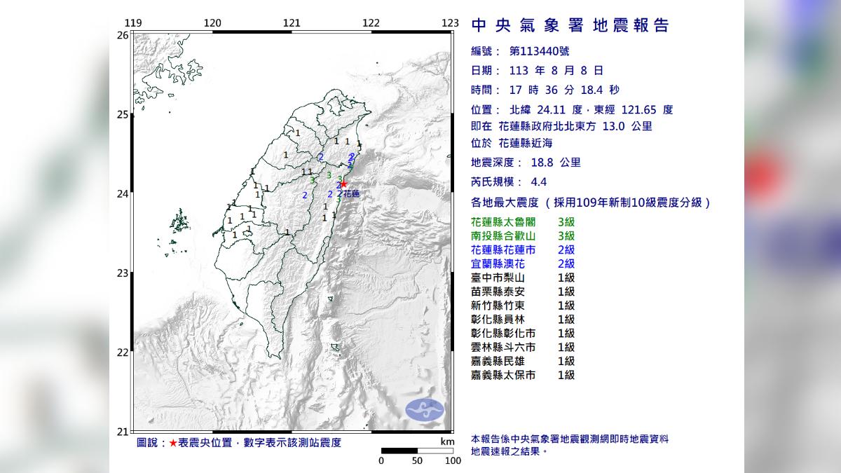 快訊／17：36地震！花蓮近海規模4.4　9縣市有感