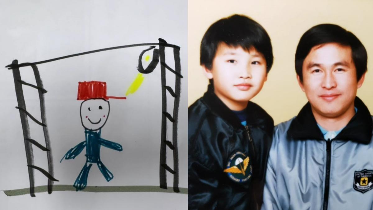 牛奶分享和爸爸的合照以及兒子的畫作。（圖／翻攝自葉乃文臉書）