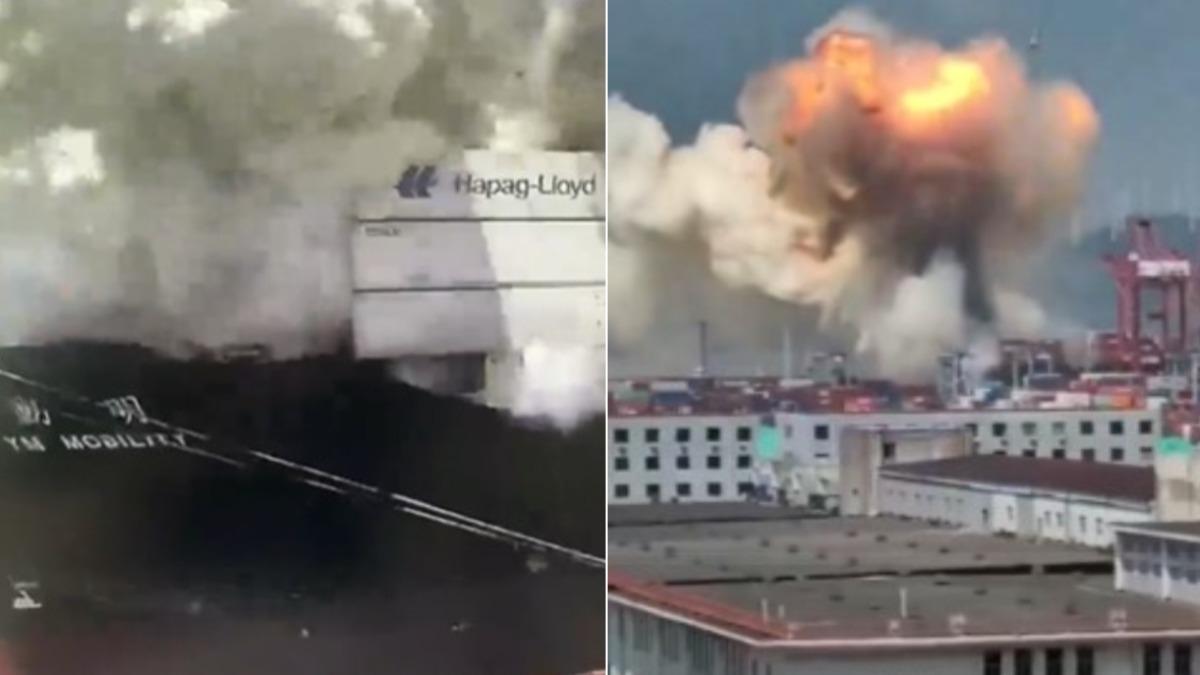 有片/陽明海運「動明輪」寧波舟山港發生大爆炸 蘑菇雲衝天際