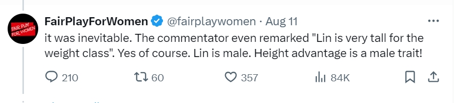 「Fair Play For Women」稱，林郁婷是男性才長那麼高。（圖／翻攝自X）