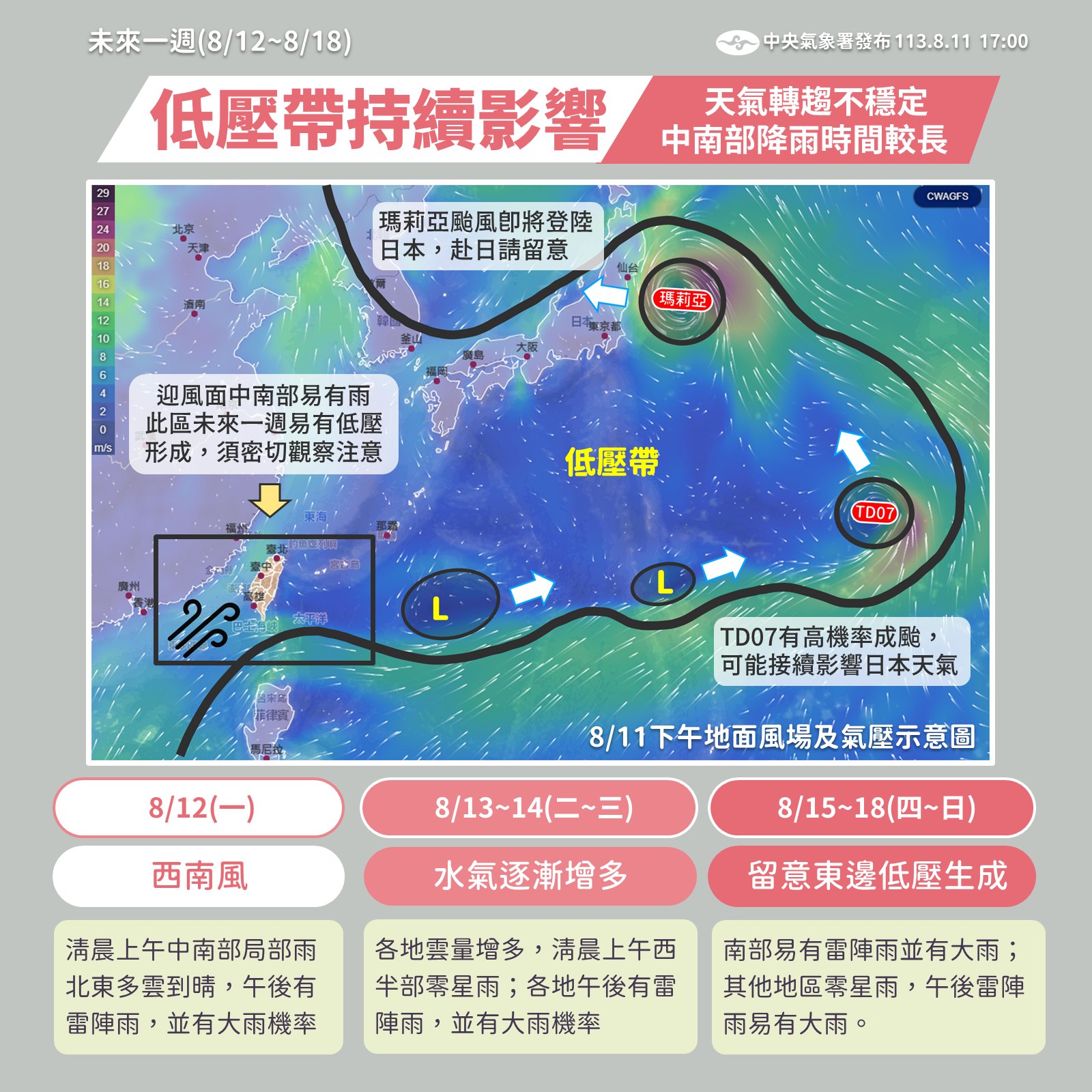 因為低壓影響，未來天氣將不穩定。（圖／翻攝自中央氣象署臉書）