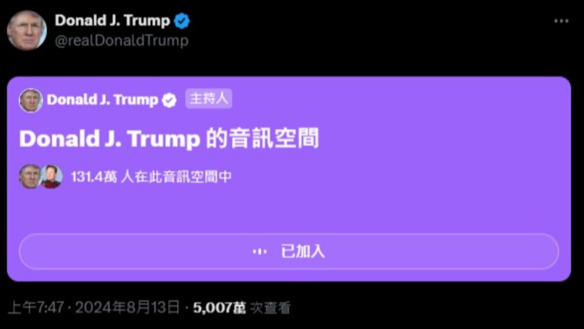 川普與馬斯克的談話約130萬人收聽。(圖/翻攝自 X Donald J. Trump)