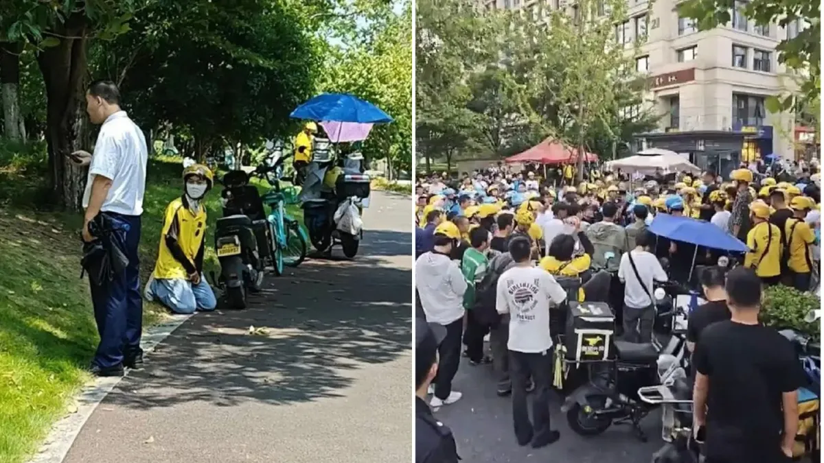疑被逼下跪!杭州外送員「踹共」保全 集結抗議爆警民衝突