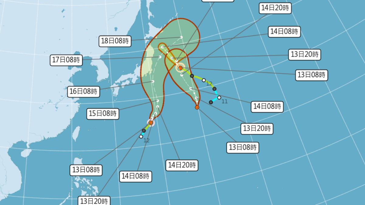 三颱共舞最新路徑出爐。（圖／翻攝自氣象署）