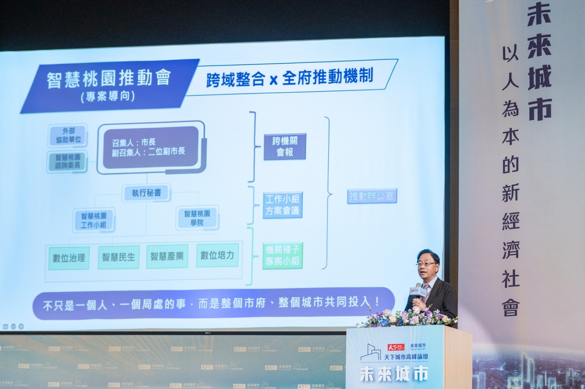 ▲桃園市長張善政出席2024天下高峰論壇,分享桃園運用智慧科技有效解決市政問題。圖片來源:桃園市政府