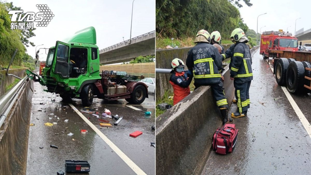 快訊/疑天雨路滑!聯結車台64打滑撞護欄 駕駛噴飛摔進水溝