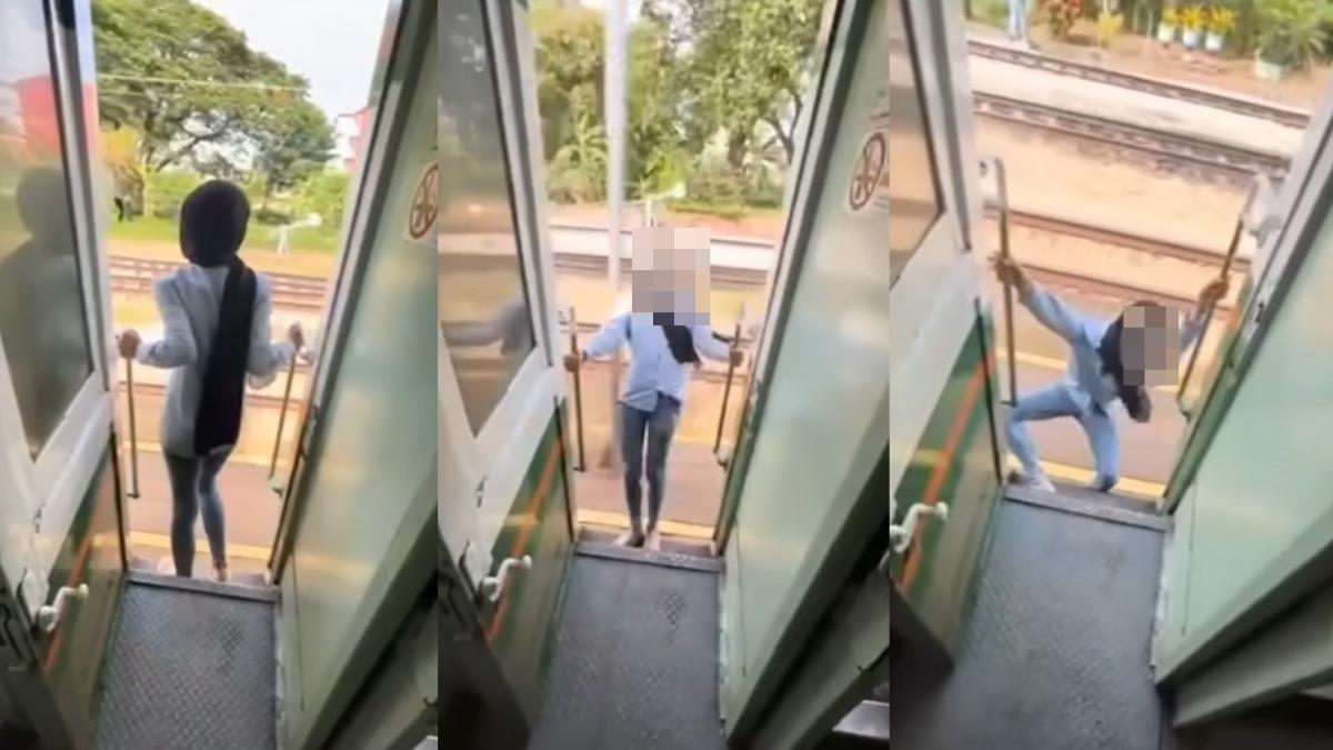 女子慘摔下車。（圖／翻攝自泰國國家鐵路局公關團隊臉書）