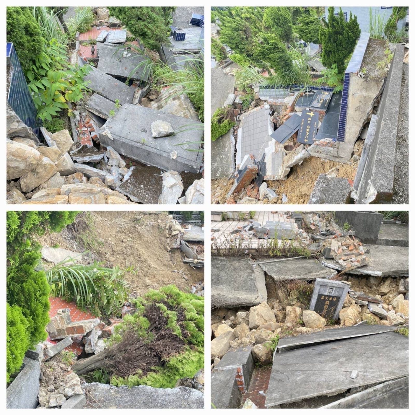 春秋墓園大規模崩塌,數十門墳墓崩落全毀,棺木骨罈甩出碎裂,遺骸四散並遭土石掩埋。(圖/戴瑋姍服務處提供)