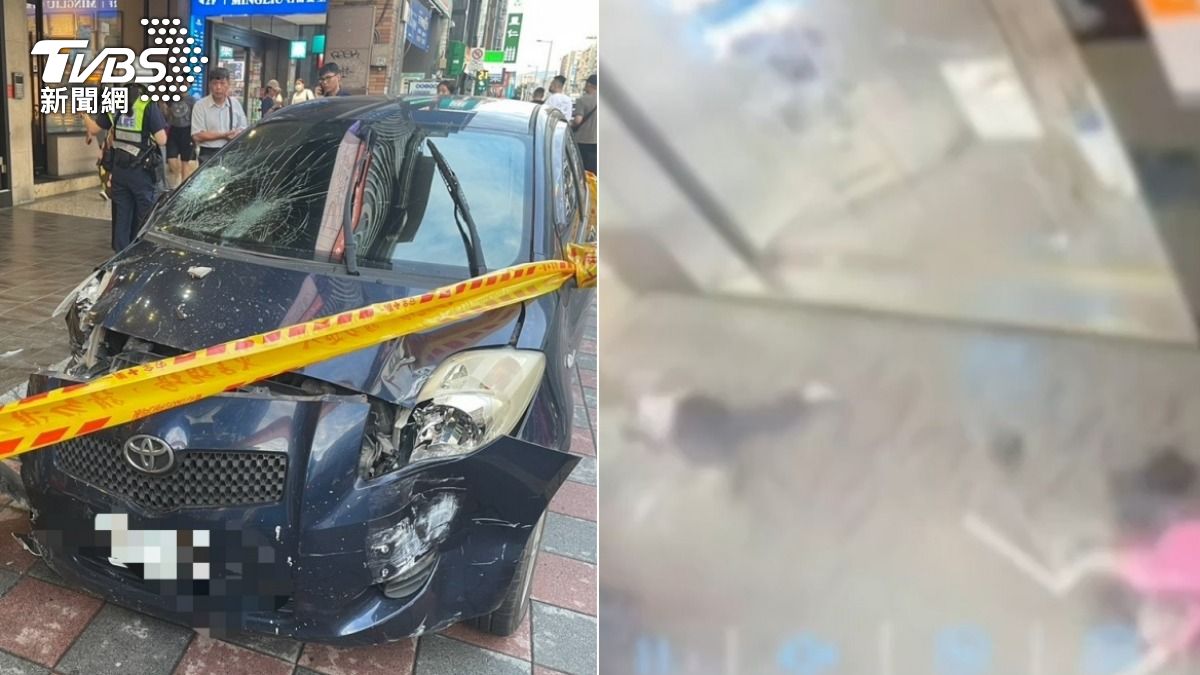 小轎車失控衝上人行道,婦人與1名視障者被撞飛倒地。(圖/TVBS)