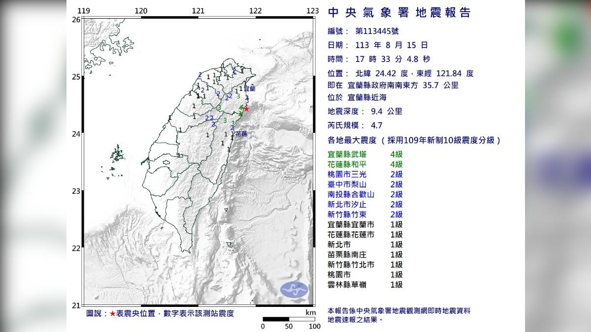 下午5時33分又發生芮氏規模4.7地震。（圖／氣象署提供）