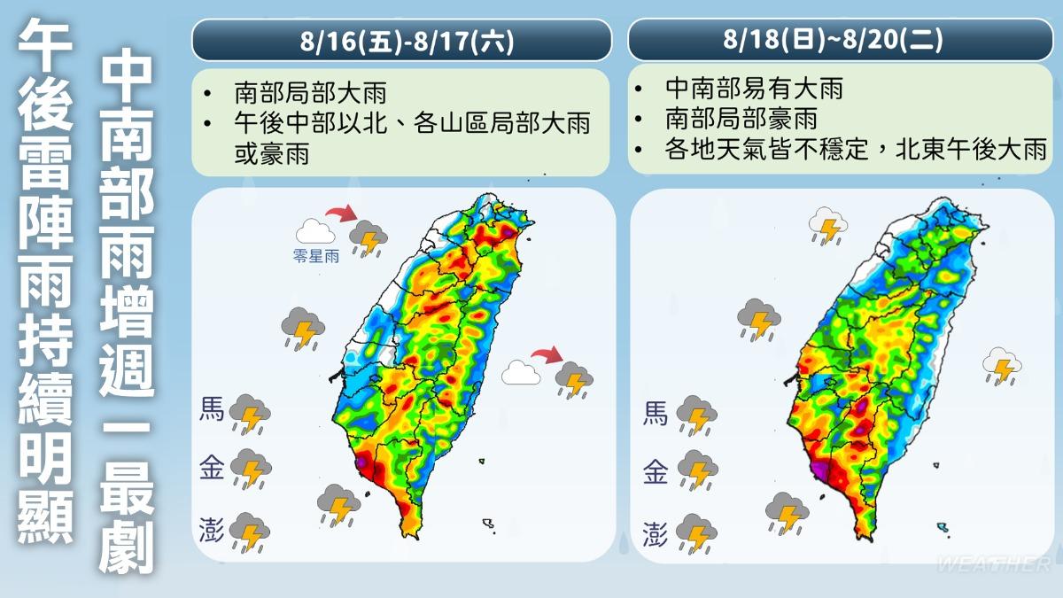 南部局部大雨、中部以北防午後雷陣雨。(圖/TVBS)